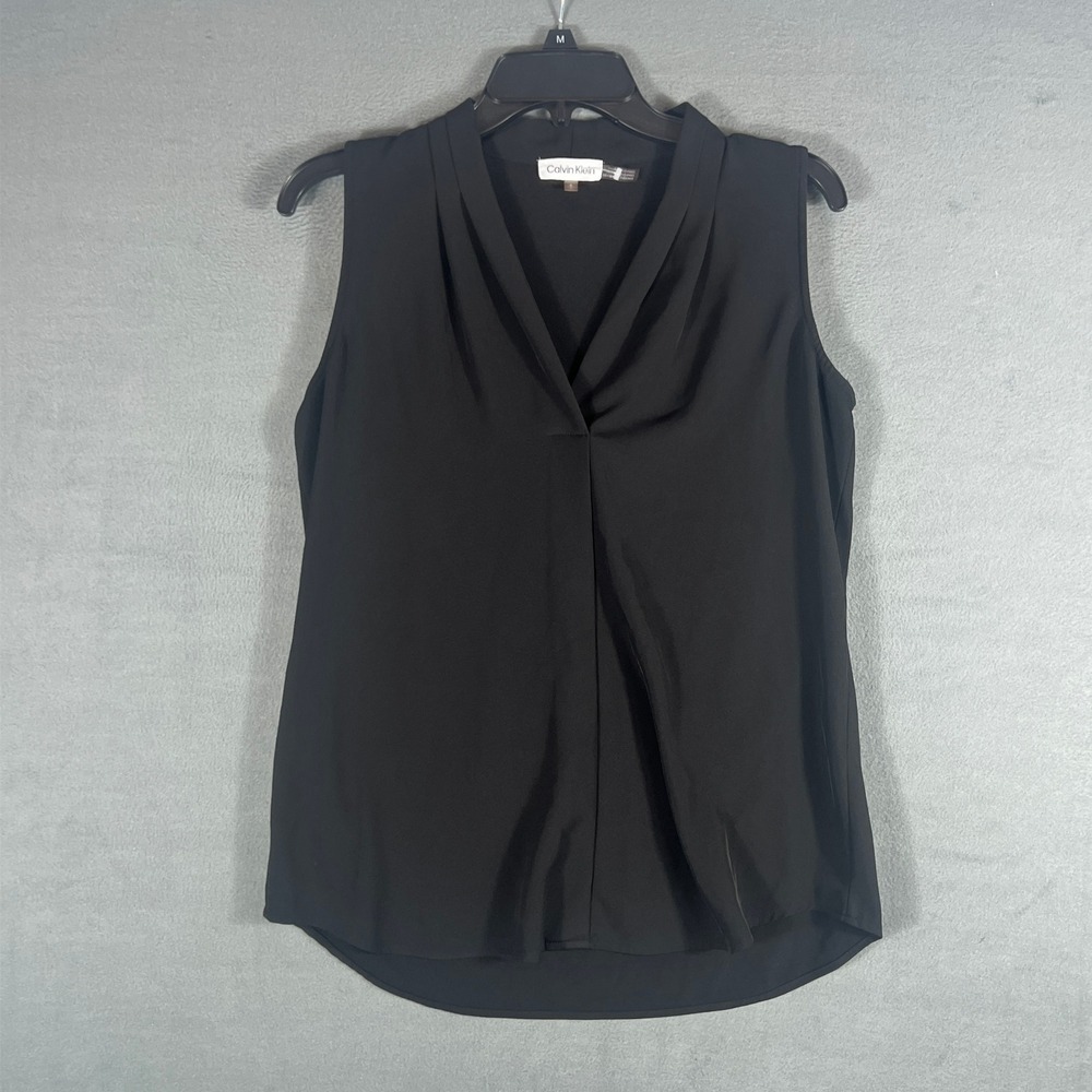 Calvin Klein Womens Blouse S Black Solid Pleated Front Sleeveless V-Neck Top